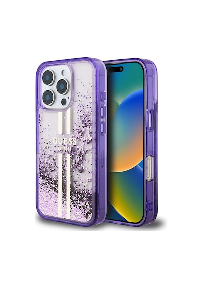 Apple Uyumlu iPhone 16 Pro Max Kılıf Guess Lisanslı Transparan Sıvılı Simli Altın Çizgili Kapak Mor