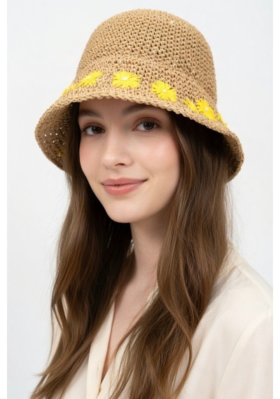 Mollycrush Kadın Hasır Papatya Desenli Yazlık Plaj Şapkası Ayarlanabilir Bağcıklı Retro Bucket Hasır