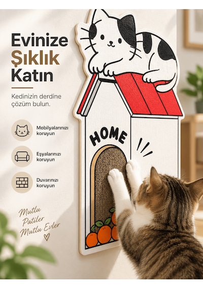 Beylini Dekoratif Kedi Tırmalama Halısı Yapışkanlı Duvar Tipi Baskılı Kedi Tırmalama Matı Mobilya Duvar Koruyucu