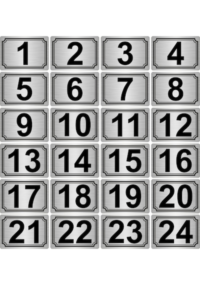 3,5x5cm Metal Yapışkanlı Numara (1..24) 24 adet Gümüş Renk Metal