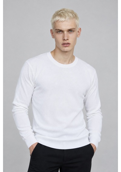 Hk Premium Erkek Fitilli Slim Fit Bisiklet Yaka Triko Kazak Beyaz