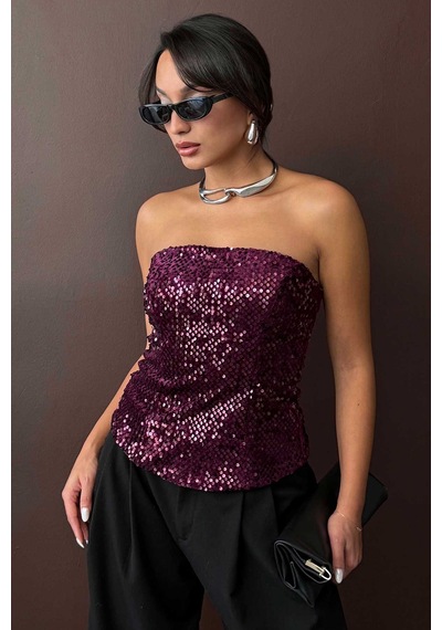 Verymoda Arkadan Fermuarlı Straplez Payet Bluz F2056 Mürdüm