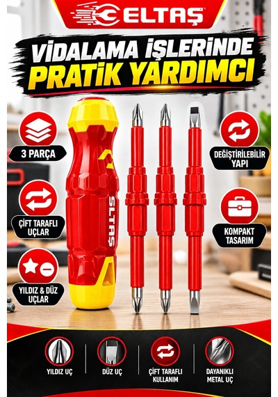 Eltaş 3 Parça Çift Taraflı Değiştirilebilir Tornavida Seti Yıldız & Düz Uçlu Pratik Tornavida