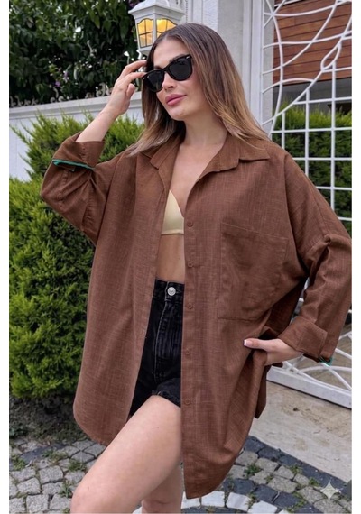 Rouge Basıc Oversize Keten Dokulu %100 Pamuk Salaş Gömlek Kahverengi