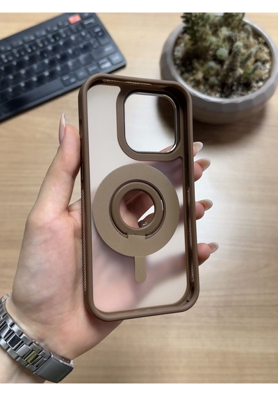 Apple Uyumlu iPhone 14 Pro Standlı Ve Yüzüklü Magsafe Kılıf Soocase721 Kahverengi