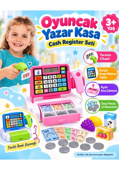 Oyuncak Barkod Okuyucu Yazar Kasa Hesap Makineli Cash Register Süpermarket Kasiyer Oyunu Alışveriş Seti Pembe