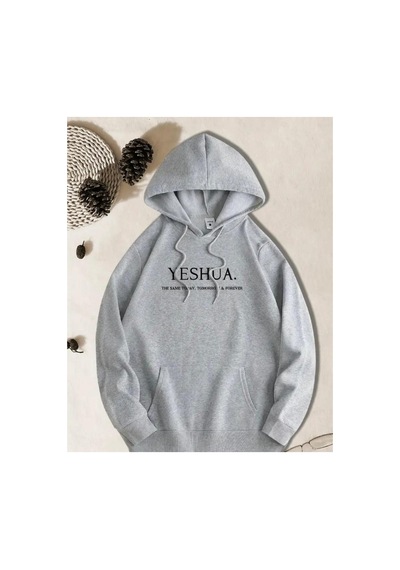 Herkesemoda Yeshua Baskı Detaylı İçi Polarlı Kapüşonlu Sweatshirt Gri