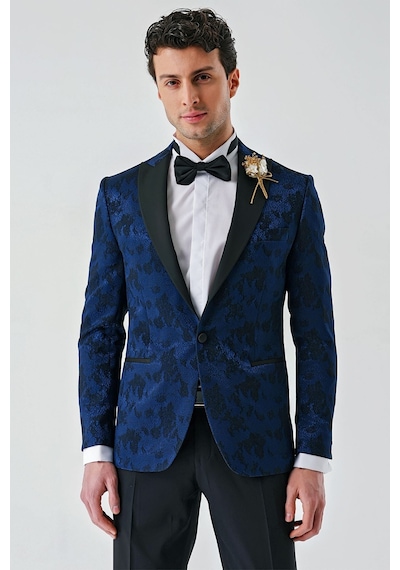 İmza Koyu Lacivert Çıkarılabilir Kırlangıç Yaka Likralı 6 Drop Slim Fit Smokin Damatlık 1001240204-Koyu Lacivert
