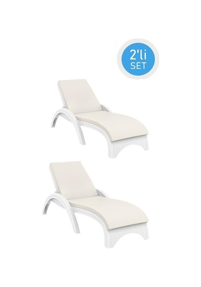 Omnipazar Trk-860 Siesta Fiji Bej Minderli Rattan Desenli Ayarlanabilir Lüks Şezlong Beyaz 2'li Set Beyaz