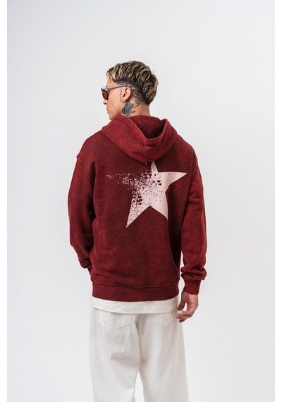 Respire Erkek Star Baskılı Yıkamalı Kapüşonlu Oversize Hoodie Bordo