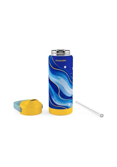 Puccon 540 Ml Mavi Dalga Desenli Lacivert - Sarı Erkek Çocuk Pipetli Çelik Termos Matara/suluk - 60061