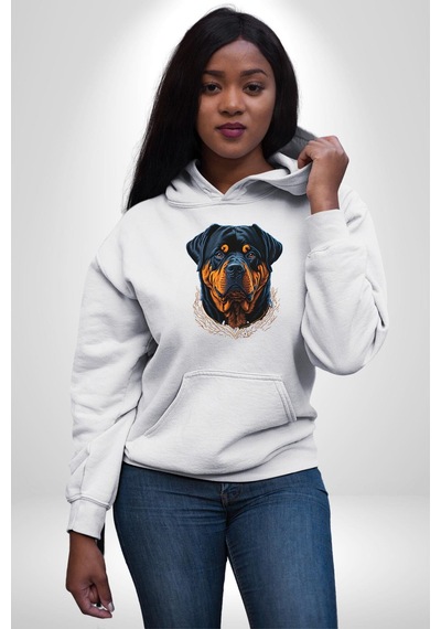 Rottweiler Koca Kafa Kadın Erkek Beyaz Kapüşonlu Sweatshirt Hoodie Beyaz