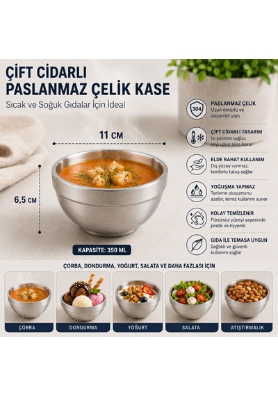 6 Adet Çift Cidarlı Paslanmaz Çelik Isı Yalıtımlı Şık Sunum Kasesi Gri