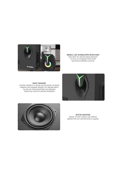 Torima D37 Siyah Bluetooth Hoparlör 2in1 Subwoofer Rgb Işıklı Bilgisayar Hoparlörü Speaker