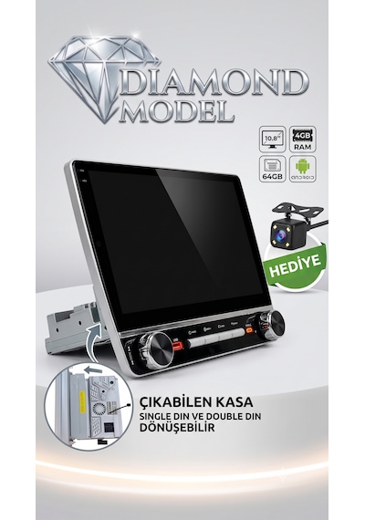Kingwin 10.8 Inç Diamond Serisi Android Oto Teyp - 4gb Ram / 64gb - Single Din'den Double Din'e Dönüşebilen Multimedya Geri Görüş Kamerası  P1004 10.1"