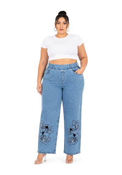 Zanessi Büyük Beden Denim Taşlı Yüksek Bel Bol Paça Kadın Pantolon Mavi