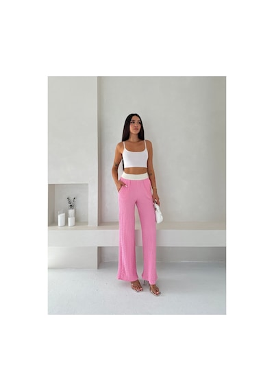Gugus Kadın Gofre Beli Güpür Lastikli Wide Lege Yazlık Pantolon Pembe