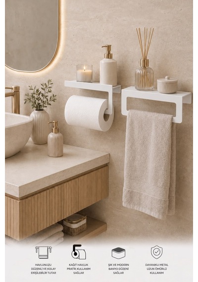 Beyaz Duvara Monte Havluluk & Peçetelik Modern&dayanıklı 2'li Set Beyaz