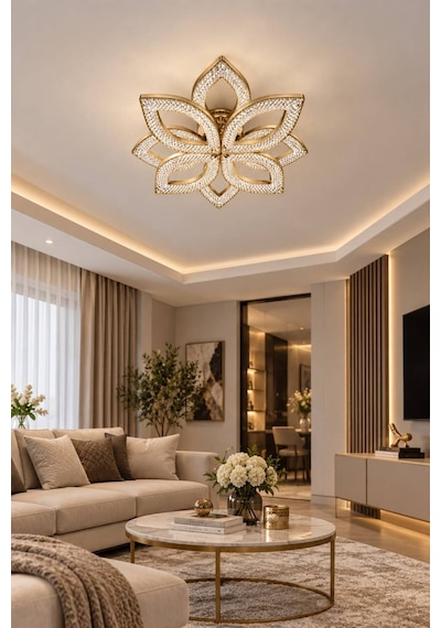 Yonca Model Eskitme Kumandalı 8"li Ledli 3 Renk Modu Kristal Salon Mutfak Yatak Çocuk Odası Avize Kahverengi