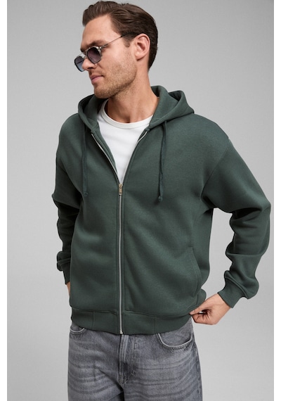 Grimelange Ashby Erkek Kapüşonlu Fermuarlı Cepli Kordonlu Boxy Kalıp Yeşil Sweatshirt Yeşil