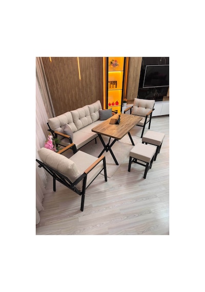 Houseart Dora 3 -1 - 1 + Masa + 2 Adet Puf , Balkon, Bahçe, Teras, Cafe - Salon - Metal Kanepe Koltuk Takımı , Çay Seti Krem Houseart Dora 3 -1 - 1 + Masa + 2 Adet Puf , Balkon, Bahçe, Teras, Cafe - Salon - Metal Kanepe Koltuk Takımı , Çay Seti Krem