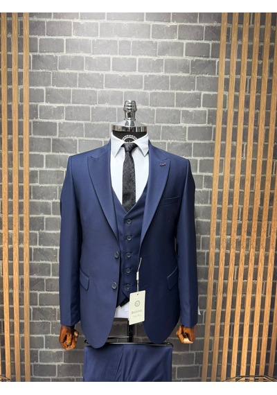 Dupont Classics Erkek Slim Fit 6 Drop Sivri Yaka Yelekli Poliviskon Çift Yırtmaç Takım Elbise Lacivert