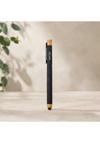 İsme Kişiye Özel Bambu Detaylı Touchpenli Mat Siyah Roller Kalem