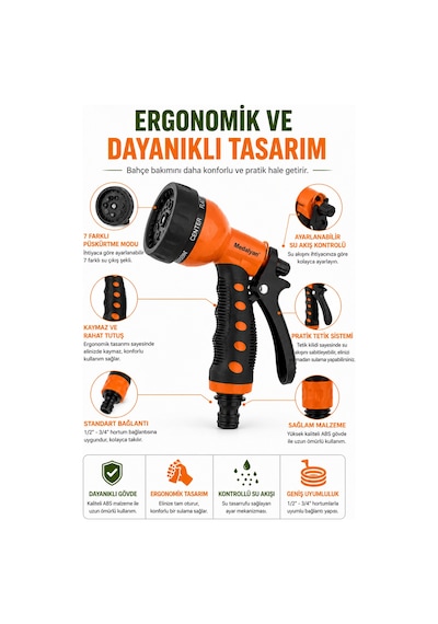 4 Lü Set - 7 Fonksiyonlu Bahçe Sulama Tabancası Hortum Başlığı Araç Yıkama Aparatı 4 Parça