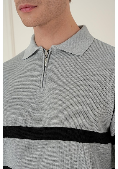 Efor Slim Fit Çizgili Fermuarlı Polo Yaka Gri Triko Kazak Tr 877 Gri