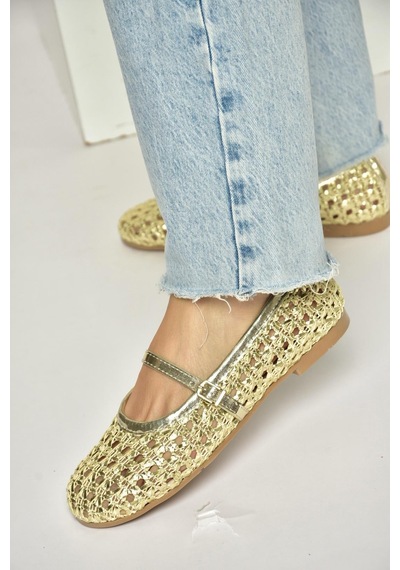 Fox Shoes Y267272709 Altın Örgü File Görünümlü Kadın Babet Altın