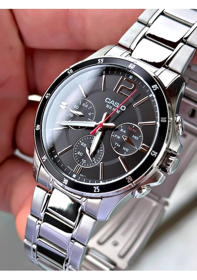 Casio Gümüş Renk Siyah Kadran Çelik Kordon   Fonksiyonlu Erkek Kol Saati + Bileklik Hediyeli Nda94