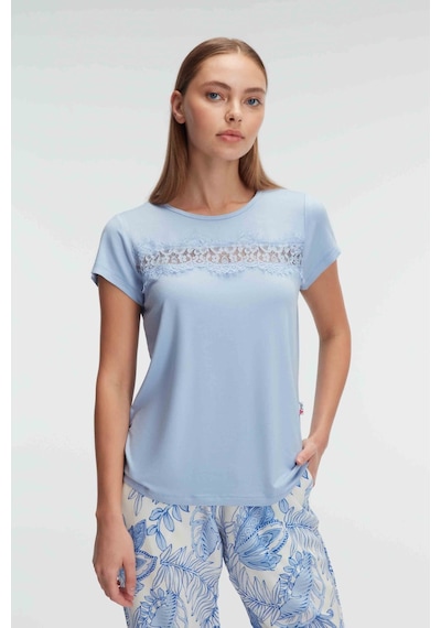 Man9885-1014 Anil Ev Giyim Man9885 Anıl 9885 Kısa Kol Bisiklet Yaka Kadın Viskon Çiçek Desenli Yazlık Örme Dantel Detaylı Pijama Takımı Mavi