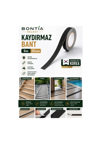 Kaydırmaz Bant 5 Metre X 25 Mm Siyah Merdiven Kaydırmaz Şerit Güçlü Yapışkanlı İç Dış Mekan