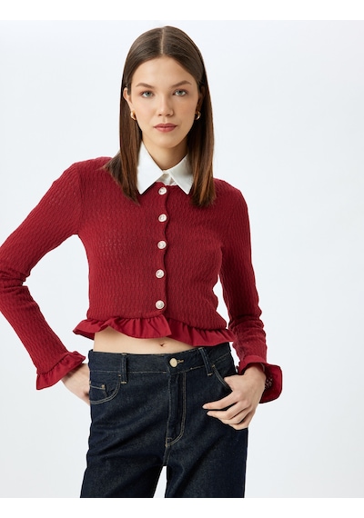 Koton Crop Hırka Düğmeli Fırfır Detaylı Bisiklet Yaka Slim Fit Bordo 5wal90024ık Bordo