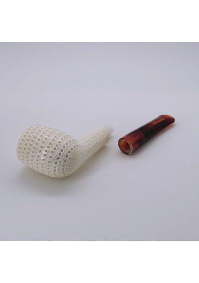 El Oyması Lületaşı Pipo Nokta İşlemeli Rustik Model, Kehribar Desenli Akrilik Ağızlık 14 Cm