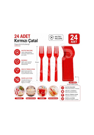 Parti Çatalı Lüks Plastik Kırmızı 24 Adet
