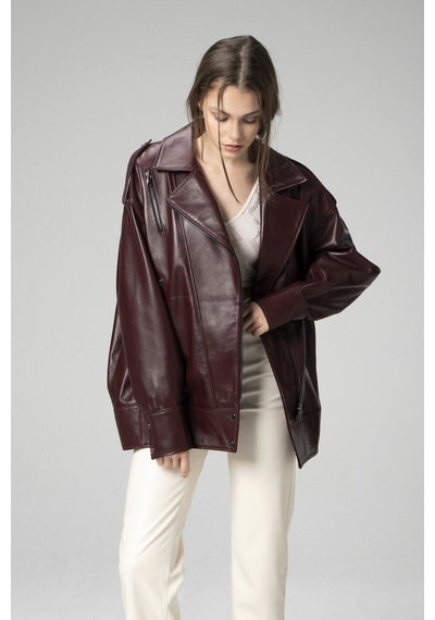 Dericlub Wm019 Oversize Biker Hakiki Deri Kadın Mont Bordo Bordo