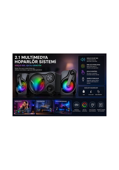 Sp60 Speaker 2.1 Kanal Oyuncu Hoparlörü Rgb Led Işıklı Hafıza Kartı Ve Usb Girişli Bluetooth Lu Bilgisayar Hoparlörü 3,5mm Jack Girişli 2+1 Gaming Speaker