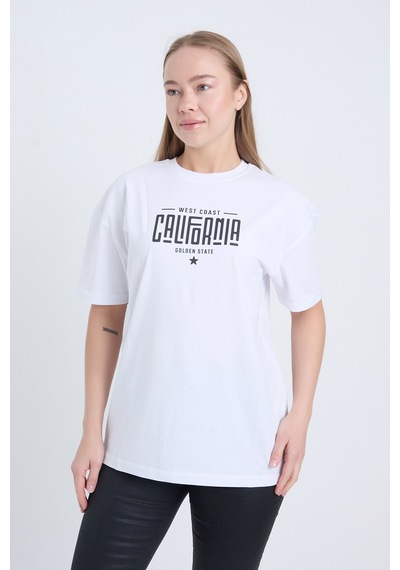 Kadın Oversize Baskılı T-shirt Beyaz California Beyaz