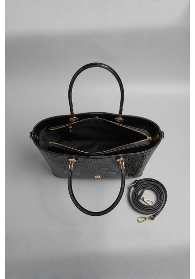 Gaia Rinaldi Kadın Siyah Rugan Yumuşak Dokulu 3 Bölmeli Omuz Ve Çapraz Askılı El Çantası