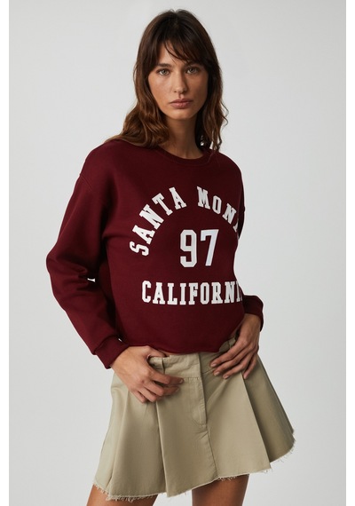 ETHIQUET JAE YN Kadın Uzun Kollu Yuvarlak Yaka Önü Baskılı Düşük Omuz Kısa Bordo Sweatshirt