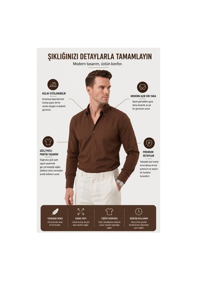 Deepsea Kahve Slim Fit Kolay Ütülenebilir Açık Dik Yaka Likralı Erkek Gömlek 2602615