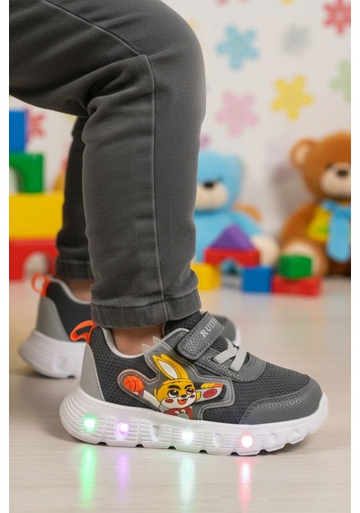 Füme Cırtlı Işıklı Hafif Unisex Çocuk Spor Ayakkabı 1015 P Füme