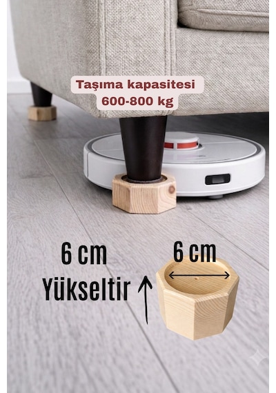 Robot Süpürge İçin Ahşap Baza Yükseltici, 6cm Yükseltir, Çap.6 Oyuklu Takoz 1 Adet