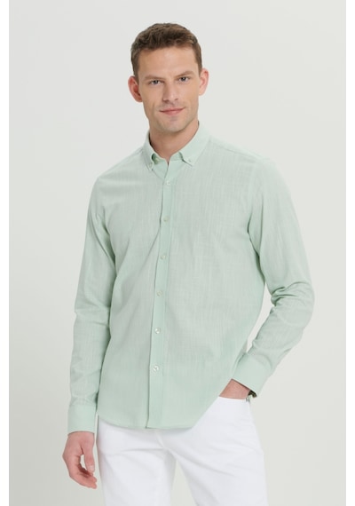AC&Co / Altınyıldız Classics Erkek A.mınt Tailored Slim Fit Dar Kesim Düğmeli Yaka Keten Görünümlü %100 Pamuk Flamlı Gömlek Mint