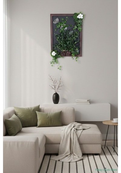 Yapay Çiçek Sitesi Ahşap Çerçeveli Yapay Çiçekli Duvar Tablosu 60x80 Cm Model 2 Yeşil