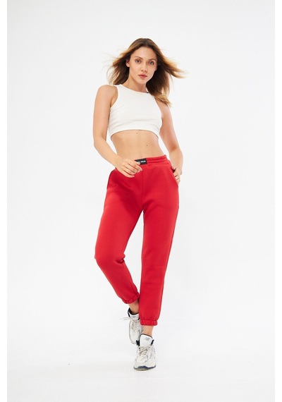 Lesa Wear Yüksel Bel Jogger Şardonlu Eşofman Altı Paçası Lastikli Kırmızı