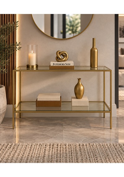 Teknor Şeffaf Camlı Gold Metal Konsol 100 Cm Modern Salon Dresuarı Altın