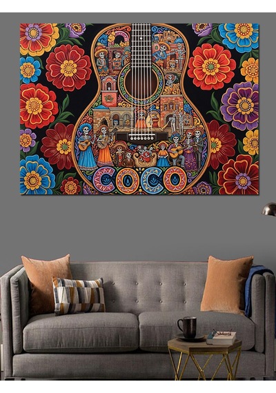Renkli Desenli Soyut Mandalalar Ve Klasik Gitar Dekoratif Kanvas - Mdf Ahşap Tablo