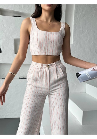 Eke Tekstil Turuncu Çizgili Crop Pantolon Keten Takım-turuncu Turuncu
